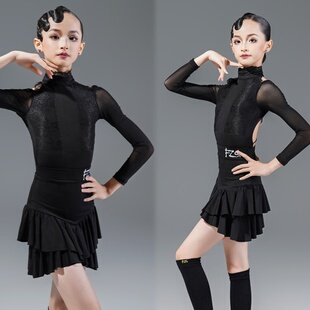 FZS舞服少儿拉丁舞秋冬长袖露背水晶棉麻拼接蕾丝练习服女童跳舞