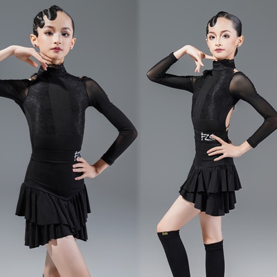 FZS舞服少儿拉丁舞秋冬长袖露背水晶棉麻拼接蕾丝练习服女童跳舞