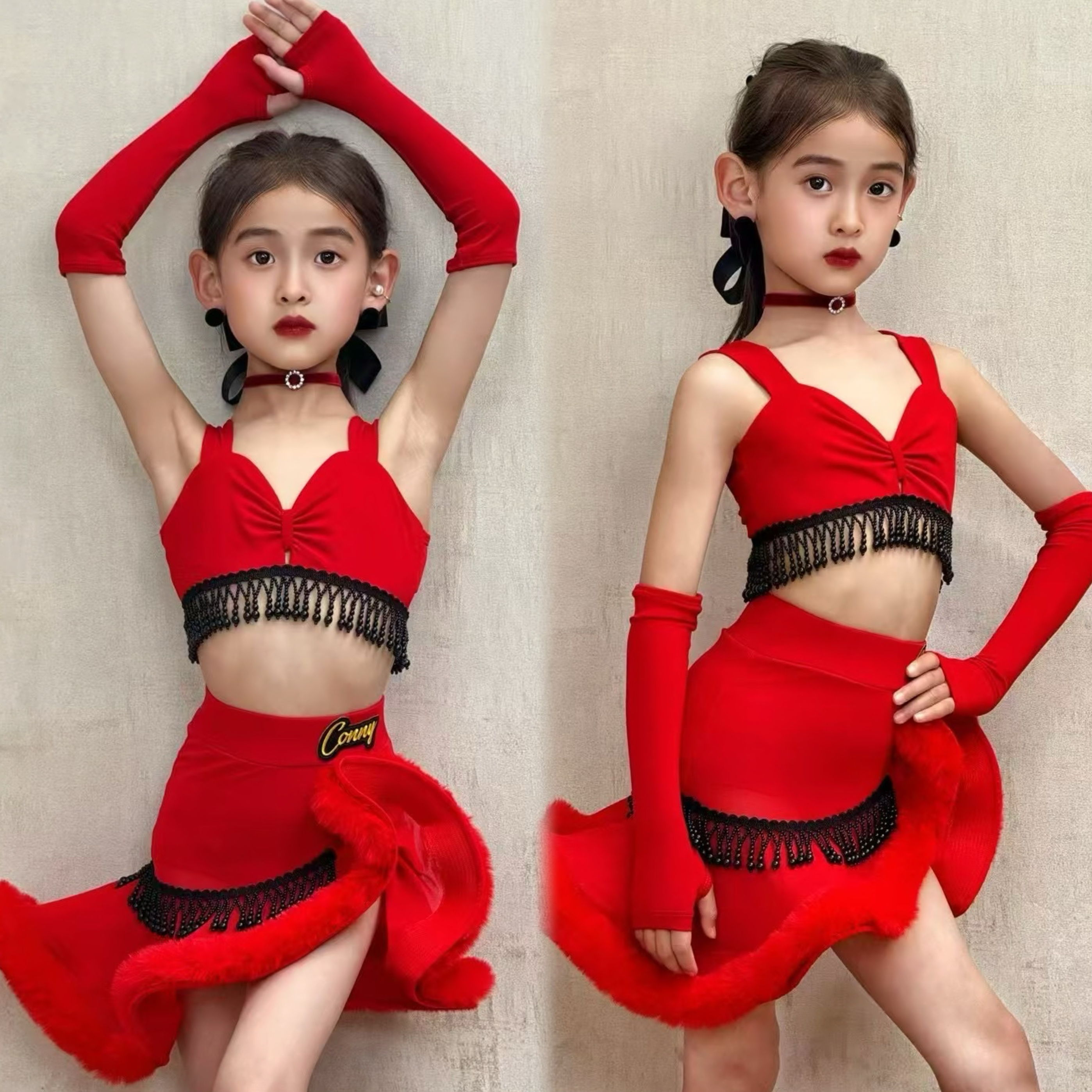 CONNY拉丁舞套装女儿童练功汇演出表演服吊带上衣舞蹈鱼骨裙红色