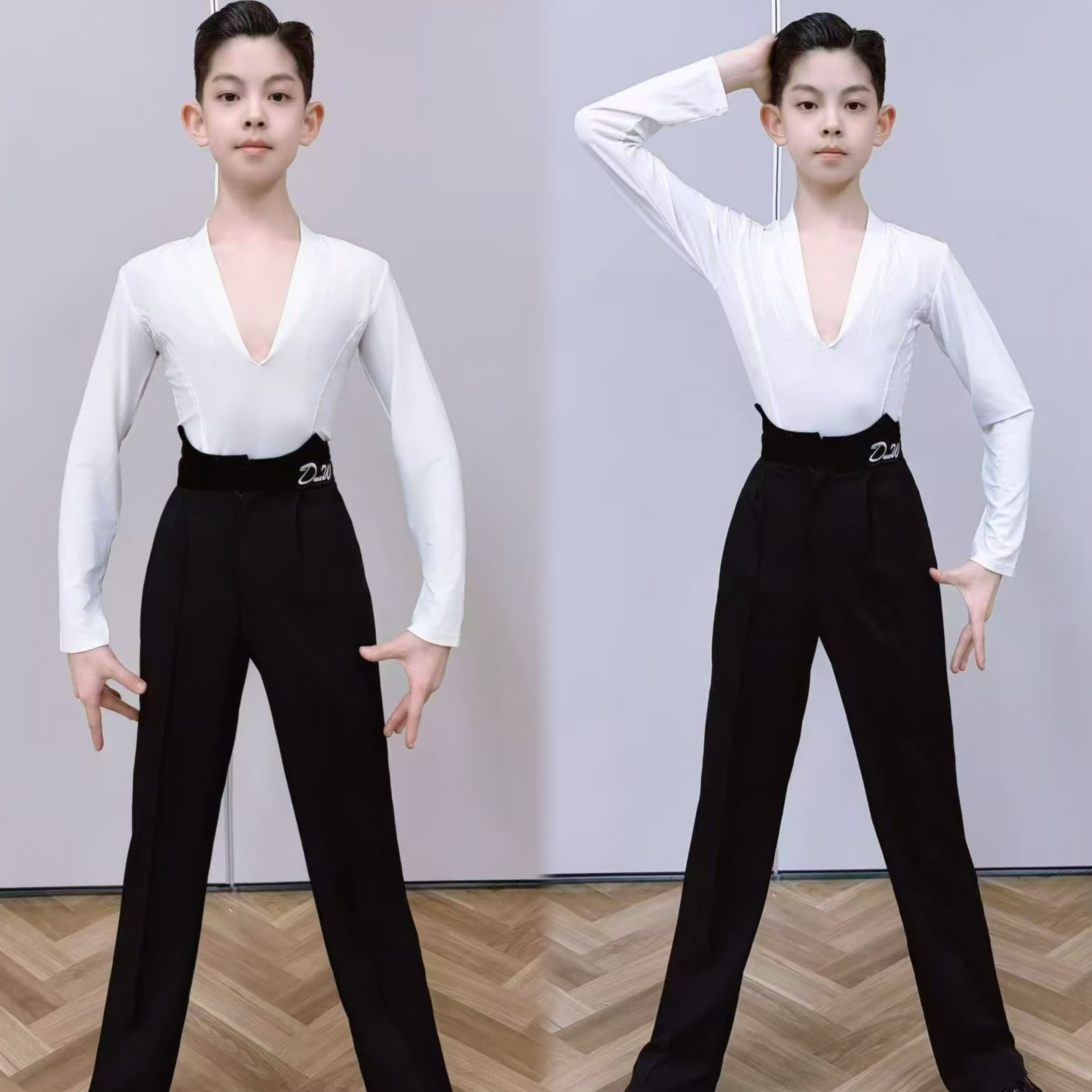 丹斯舞之美少儿拉丁舞服量身定做V领上衣男童练功服演出服比赛服