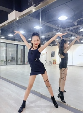 CD卡门少儿拉丁舞无袖黑色练习服连体美背个性化设计绑带腿女童