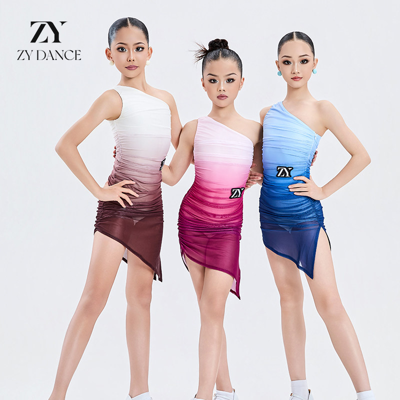 ZYDANCE夏季新款女童拉丁舞高级感渐变单肩练功服网纱训练比赛服