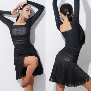 David舞服拉丁舞女士方领专业镭射光泽多层流苏练习服套装长袖