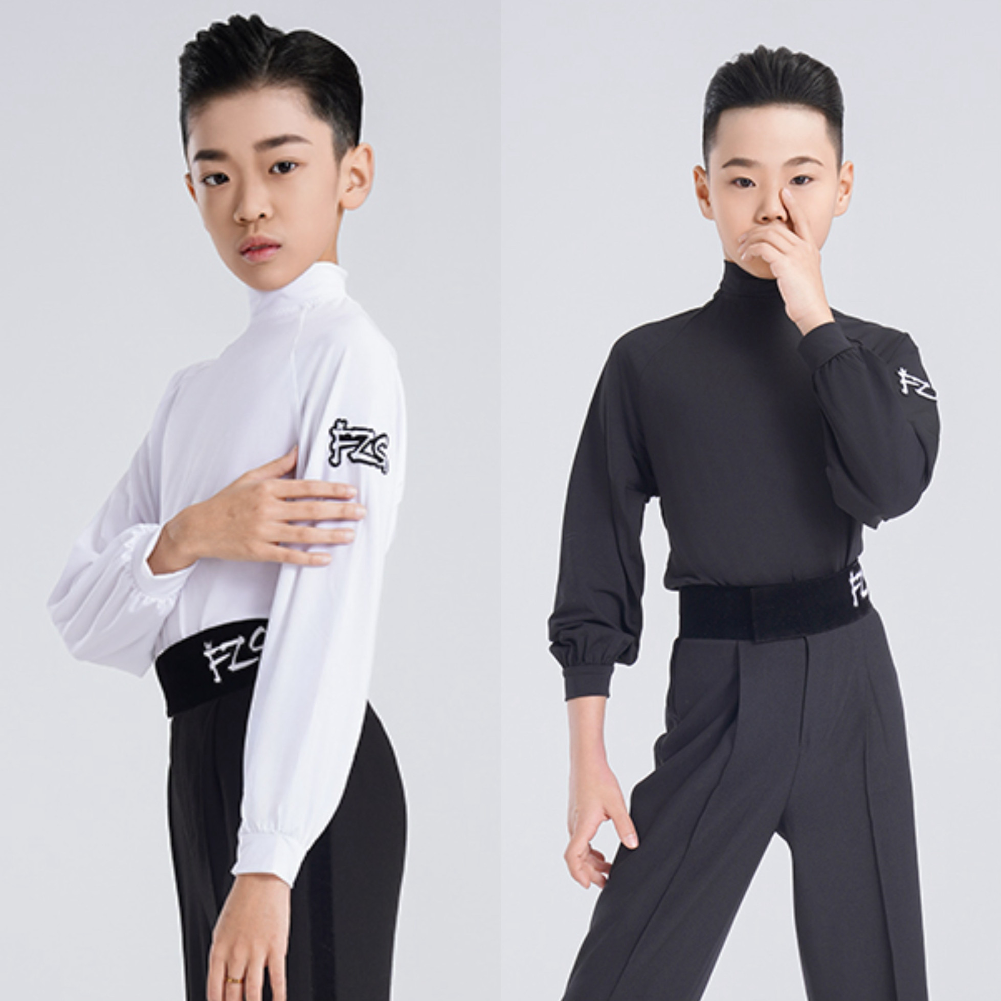 FZS舞服少儿拉丁舞秋冬高领泡泡袖上衣男童帅气黑白长袖练习服