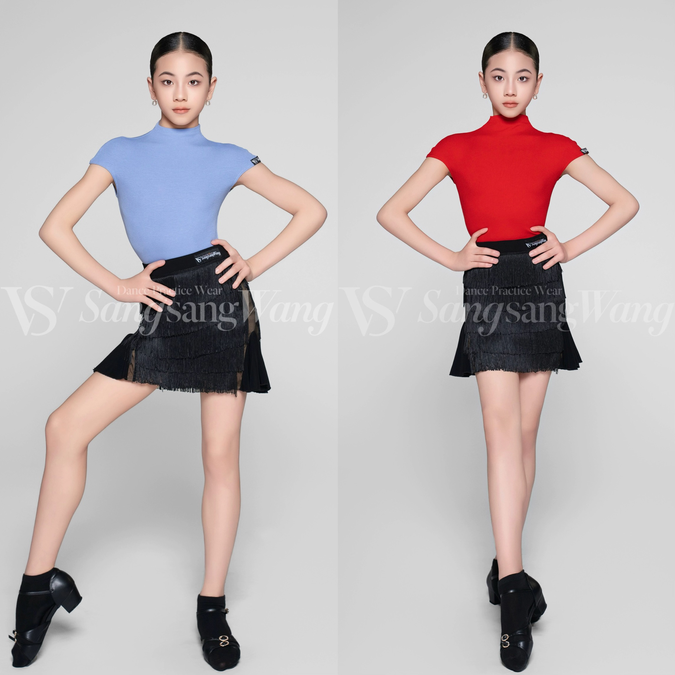 SSWANG舞服少儿拉丁舞春夏螺纹坎袖万能的百搭上衣练习服女童跳舞
