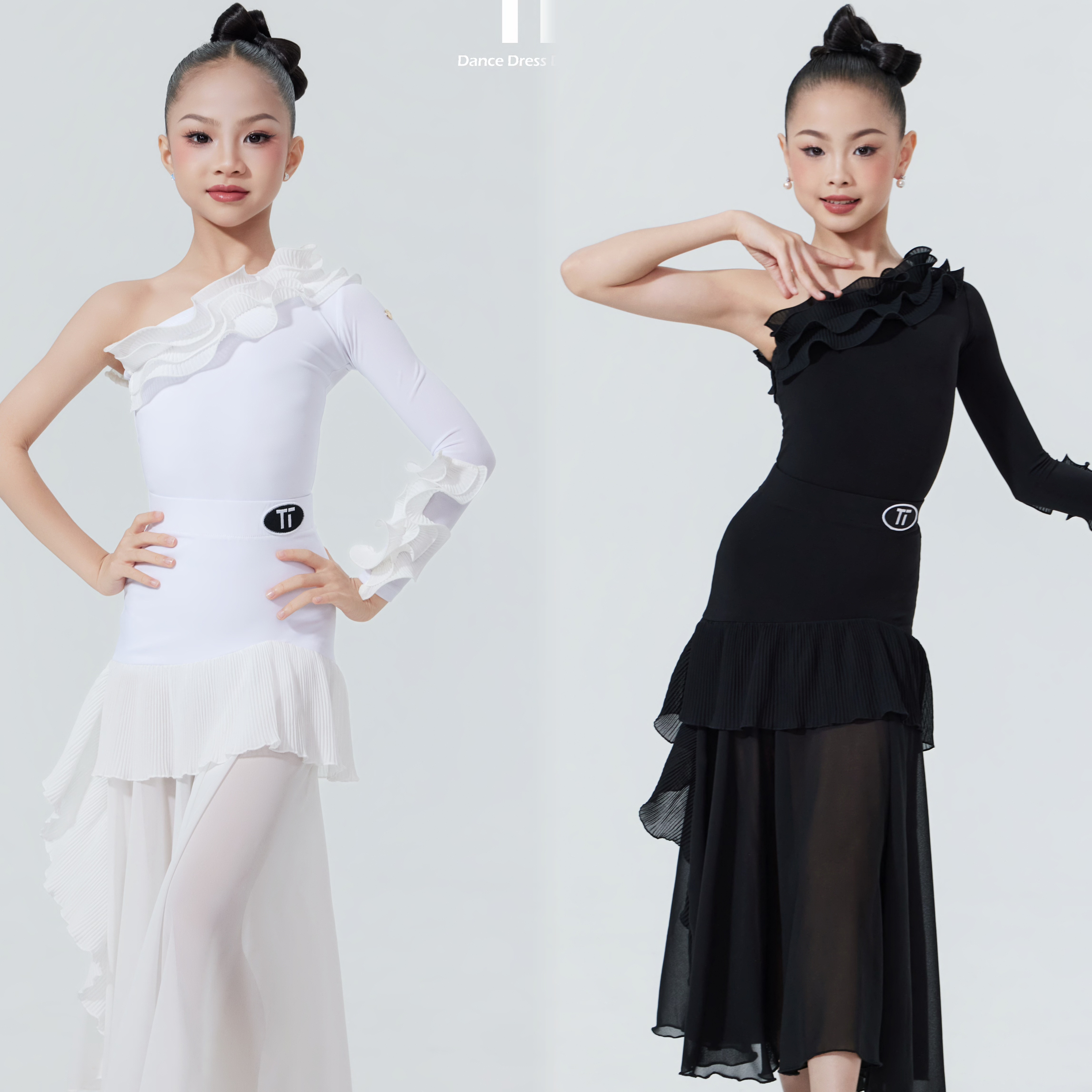 TT舞服少儿摩登舞云朵斜肩网纱长裙华尔兹圆舞曲练习服跳舞长袖