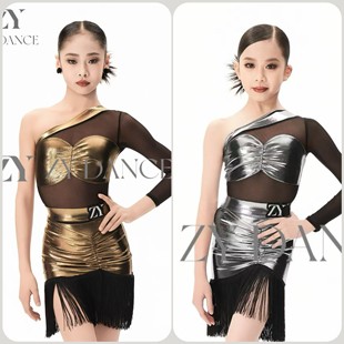 ZY舞服少儿拉丁舞春夏女童表演出网纱练习服斜肩流苏女童跳舞