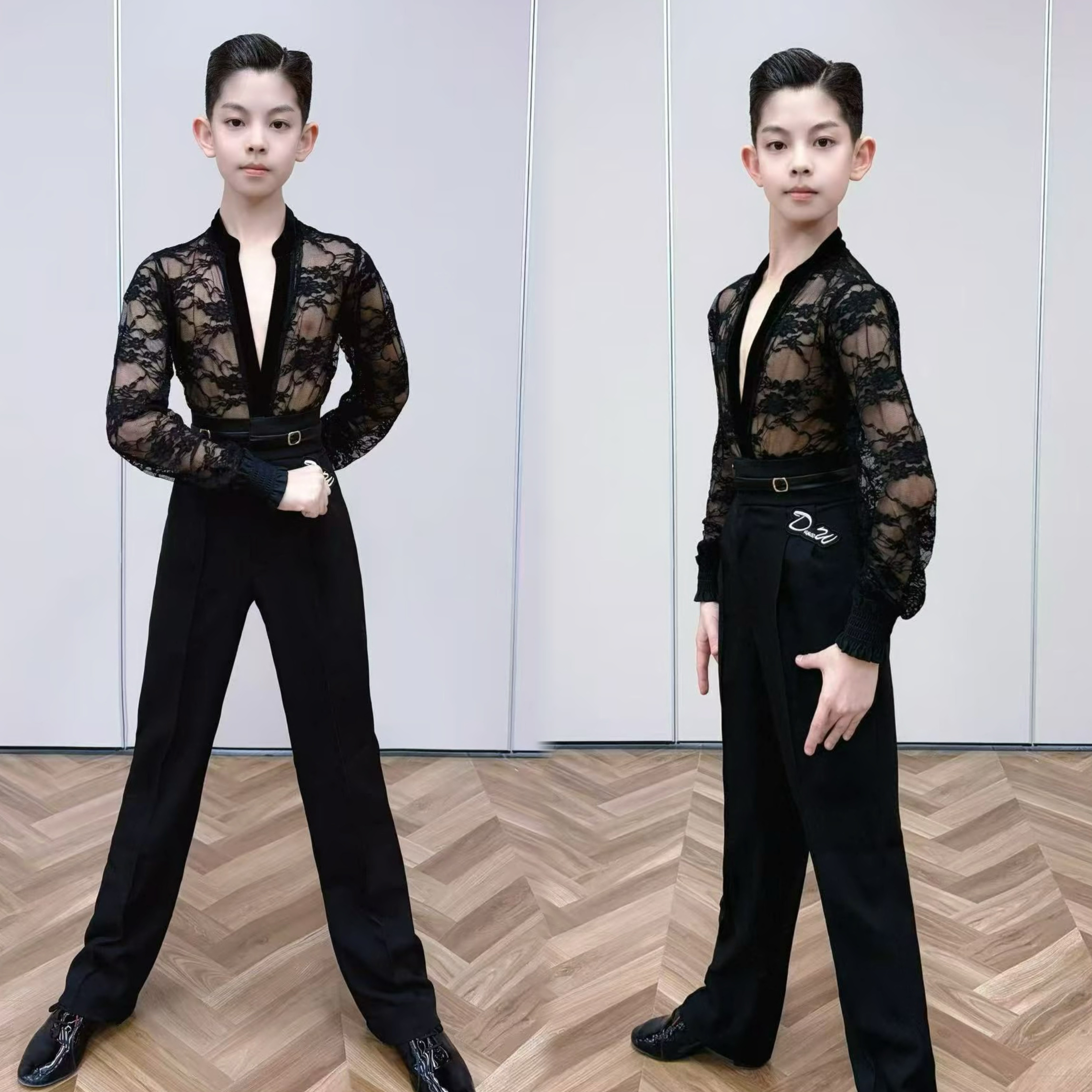 丹斯舞之美少儿拉丁舞服男童蕾丝拼接长袖量身定做男裤男孩练习服