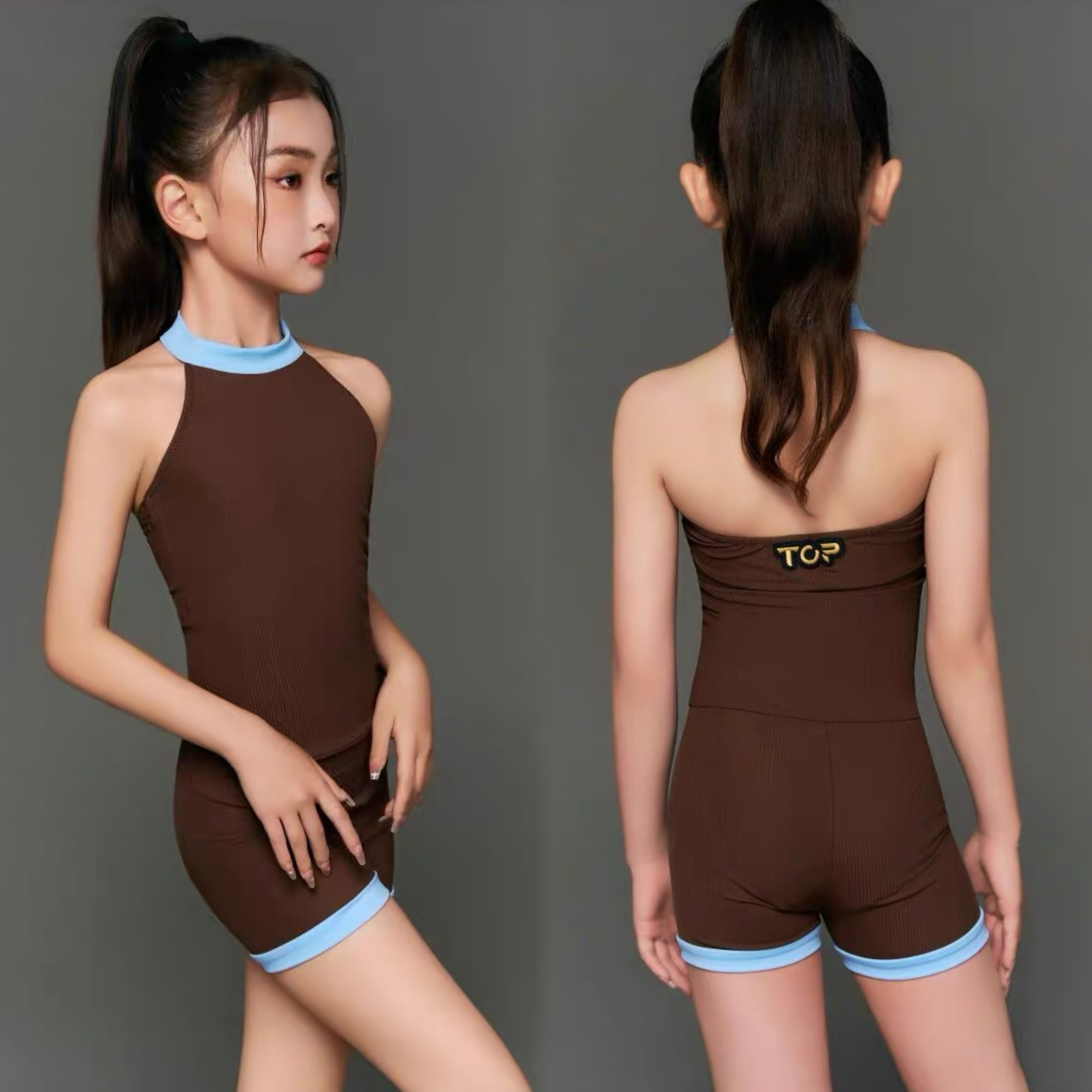 Top舞服少儿拉丁舞蓝咖连体夏季透气表演儿童练功服套装舞蹈服