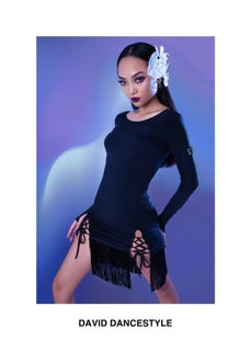 David舞服拉丁舞女士秋冬长袖 露背交叉连衣裙开衩流苏裙练习服