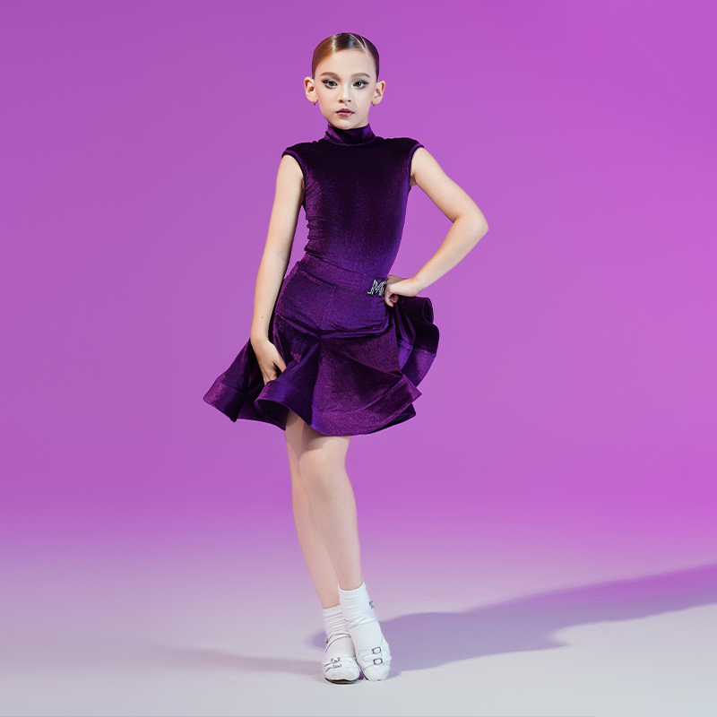 MR舞服FZS旗下品牌少儿拉丁舞女高领丝绒连肩短袖赛服紫色规定服