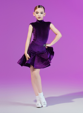 MR舞服FZS旗下品牌少儿拉丁舞女高领丝绒连肩短袖赛服紫色规定服