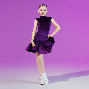 MR舞服FZS旗下品牌少儿拉丁舞女高领丝绒连肩短袖赛服紫色规定服