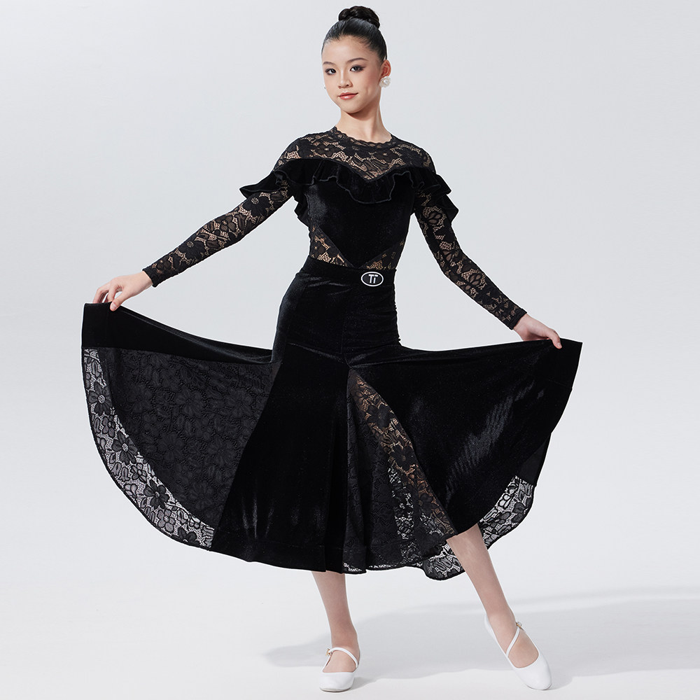 TT瑭曈舞服少儿秋冬摩登舞练习服长袖丝绒蕾丝拼接分体摩登鱼骨裙