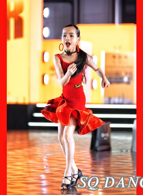 SQ舞服少儿拉丁舞2025春夏吊带鱼骨新款红色练习服表演服女童