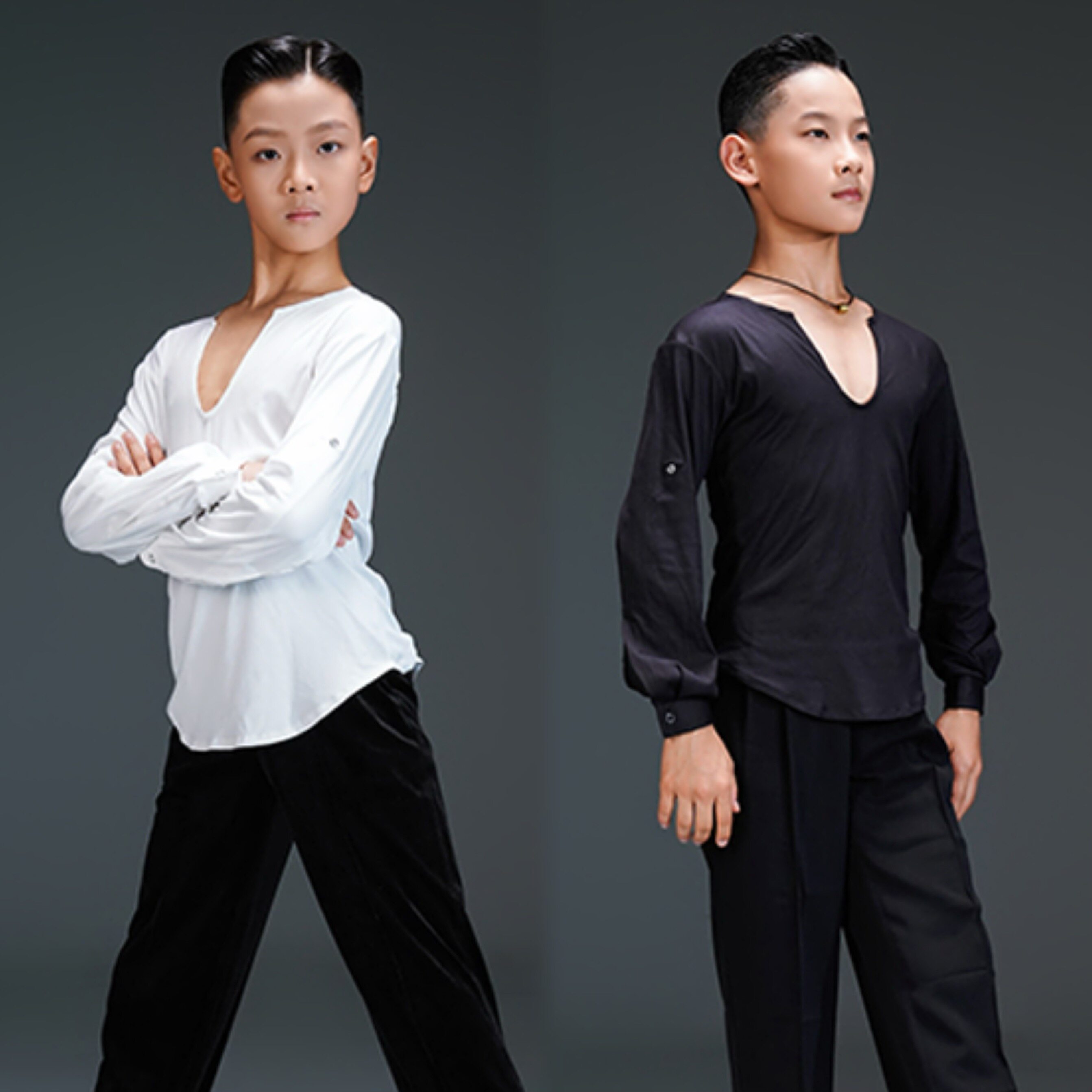 FZS舞服男童男孩帅气竖纹V领长袖上衣百搭基础款跳舞练习服
