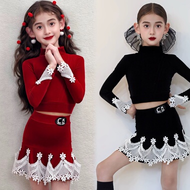 CD卡门新品双旦丝绒女童拉丁练功练习服专业舞蹈艺考秋冬保暖舒适