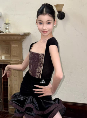 Level舞服少儿拉丁舞2025南法公主方领鱼骨蕾丝拼接套装咖色女童