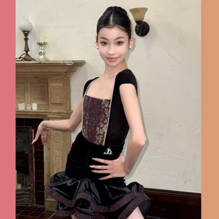 Level舞服少儿拉丁舞2025南法公主方领鱼骨蕾丝拼接套装咖色女童