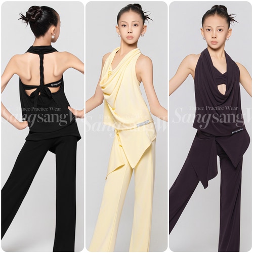 sswang舞服少儿拉丁舞夏超舒适荡领美背罩衫背心假两件长裤练习服
