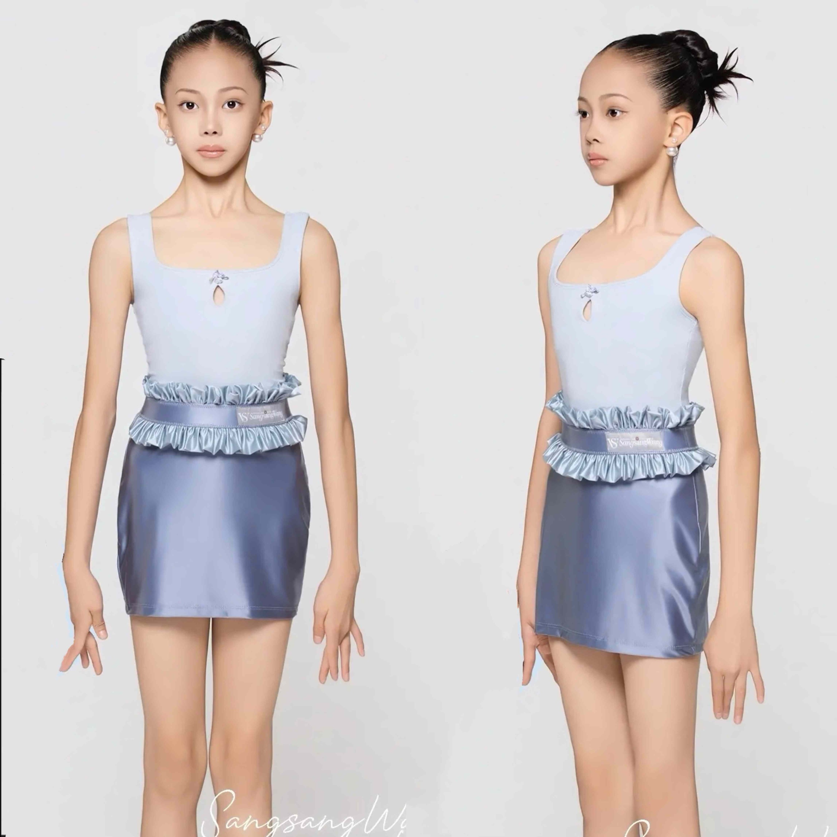 sswang舞服少儿拉丁舞艾莎公主小蓝花螺纹吊带浅蓝色花苞包臀练习