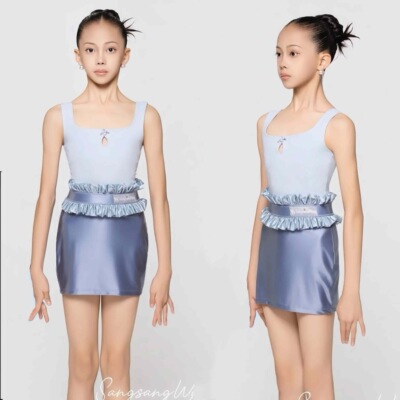 sswang舞服少儿拉丁舞艾莎公主小蓝花螺纹吊带浅蓝色花苞包臀练习