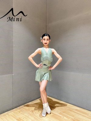 Mini舞服少儿拉丁舞夏季莫兰迪绿流苏包臀练习服恰恰伦巴女童跳舞