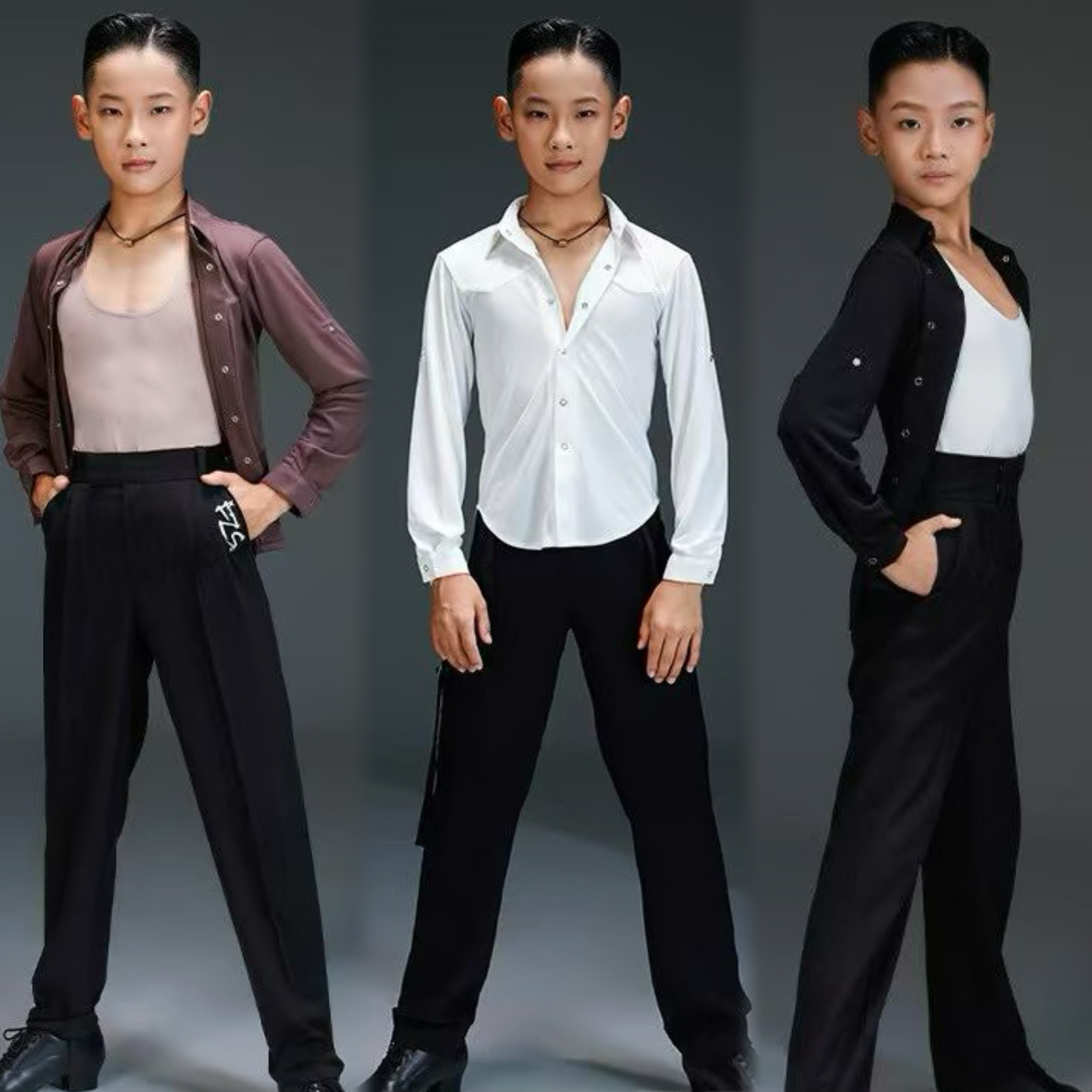 FZS舞服男童男孩帅气衬衫长袖纽扣练习服跳舞黑白咖百搭上衣外披