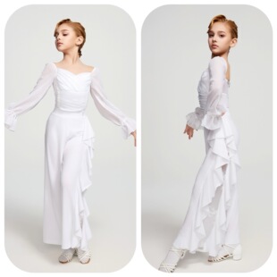 FZS少儿摩登舞灯笼袖波浪摩登女裤练习服白色高级定制女童跳舞