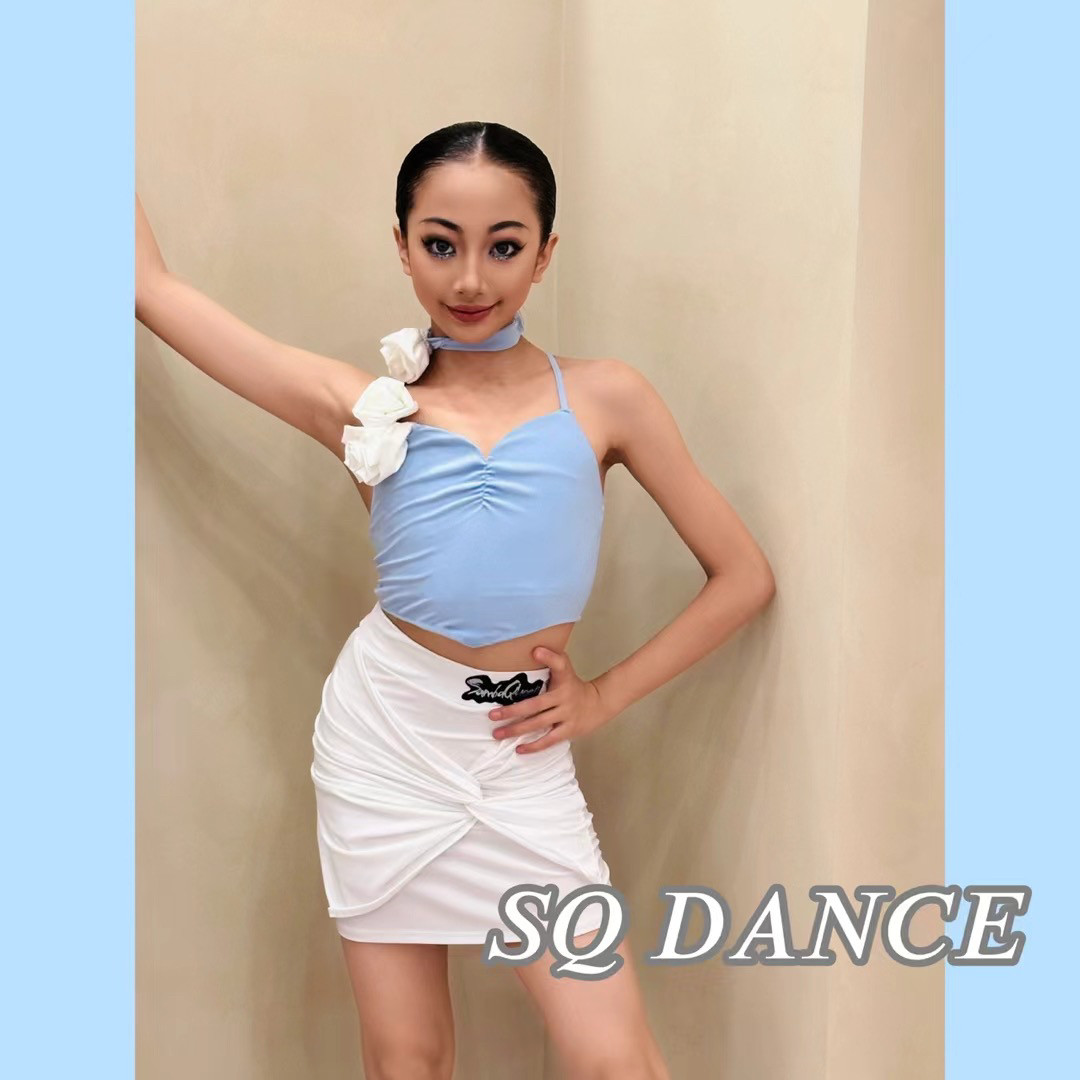 SQ舞服少儿拉丁舞夏季创意蓝白吊带套装练习服包臀女童恰恰跳舞