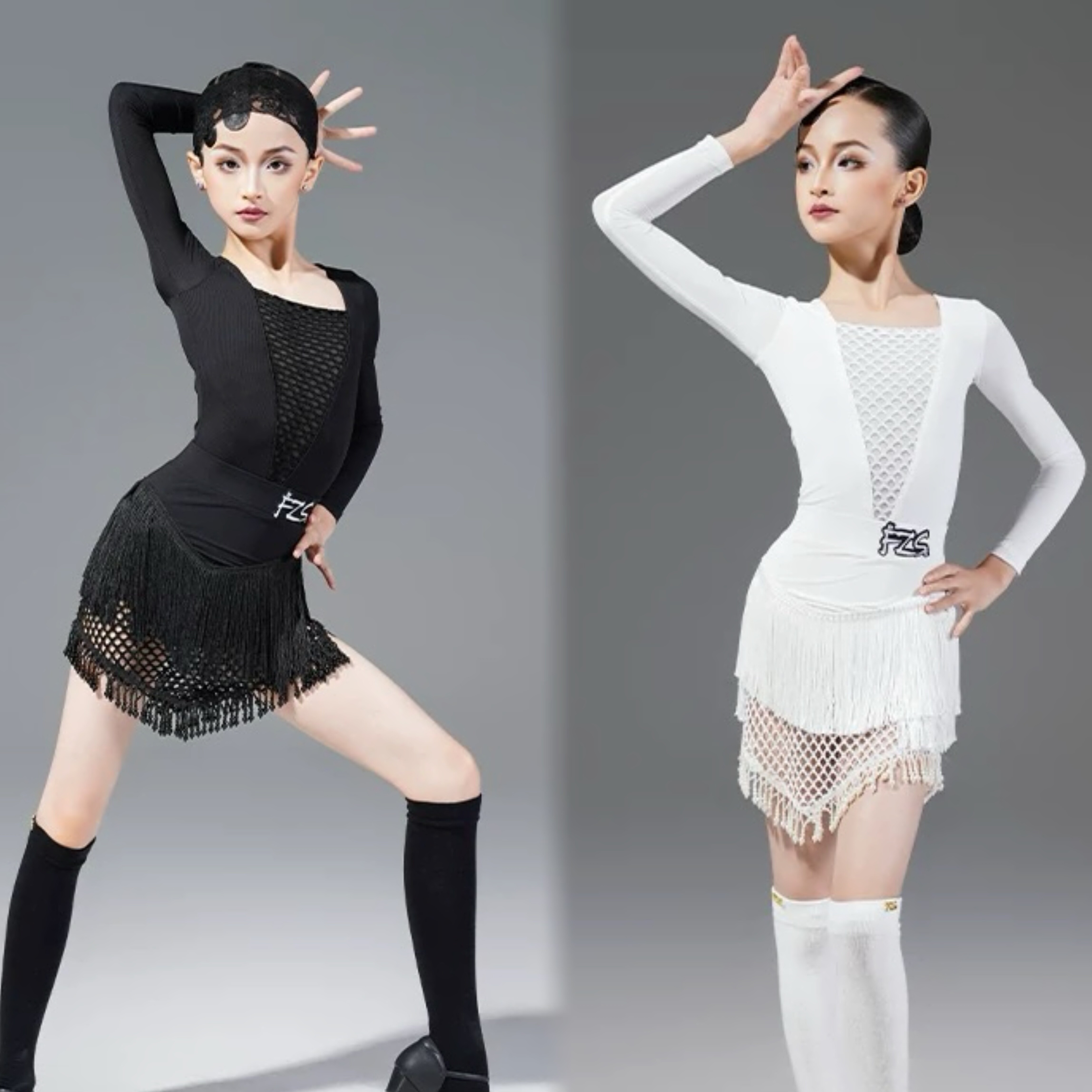 FZS DANCE L315拉丁舞练功服弹力网拼接练功服 串珠流苏半裙 白