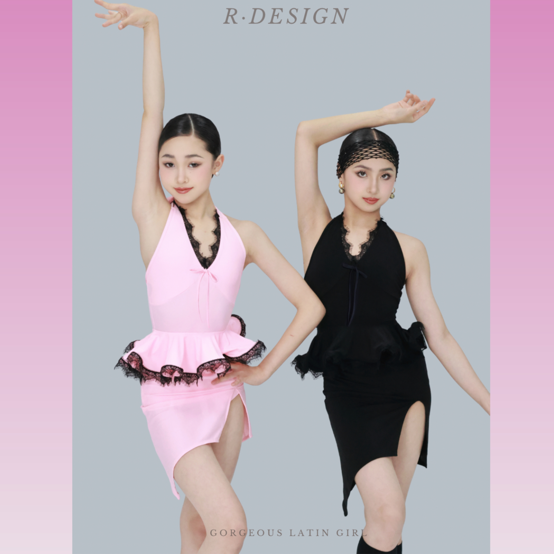 R design舞服少儿拉丁舞魅影剪裁小香风樱花粉蕾丝包臀练习服表演