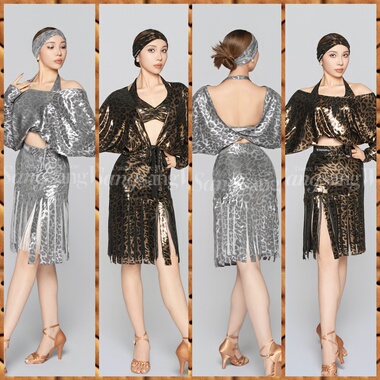 sswang舞服女士拉丁舞桑老师闪光豹纹挂脖两穿系带宽松摩登练习服