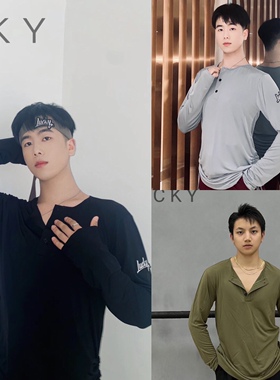 Lucky男士长袖v领上衣抽绳设计拉丁长袖舞服练功服黑色灰色绿色