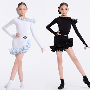 WAVE未午少儿拉丁舞2025新款 秋冬银标梦幻晶浪露肩荷叶边练习服