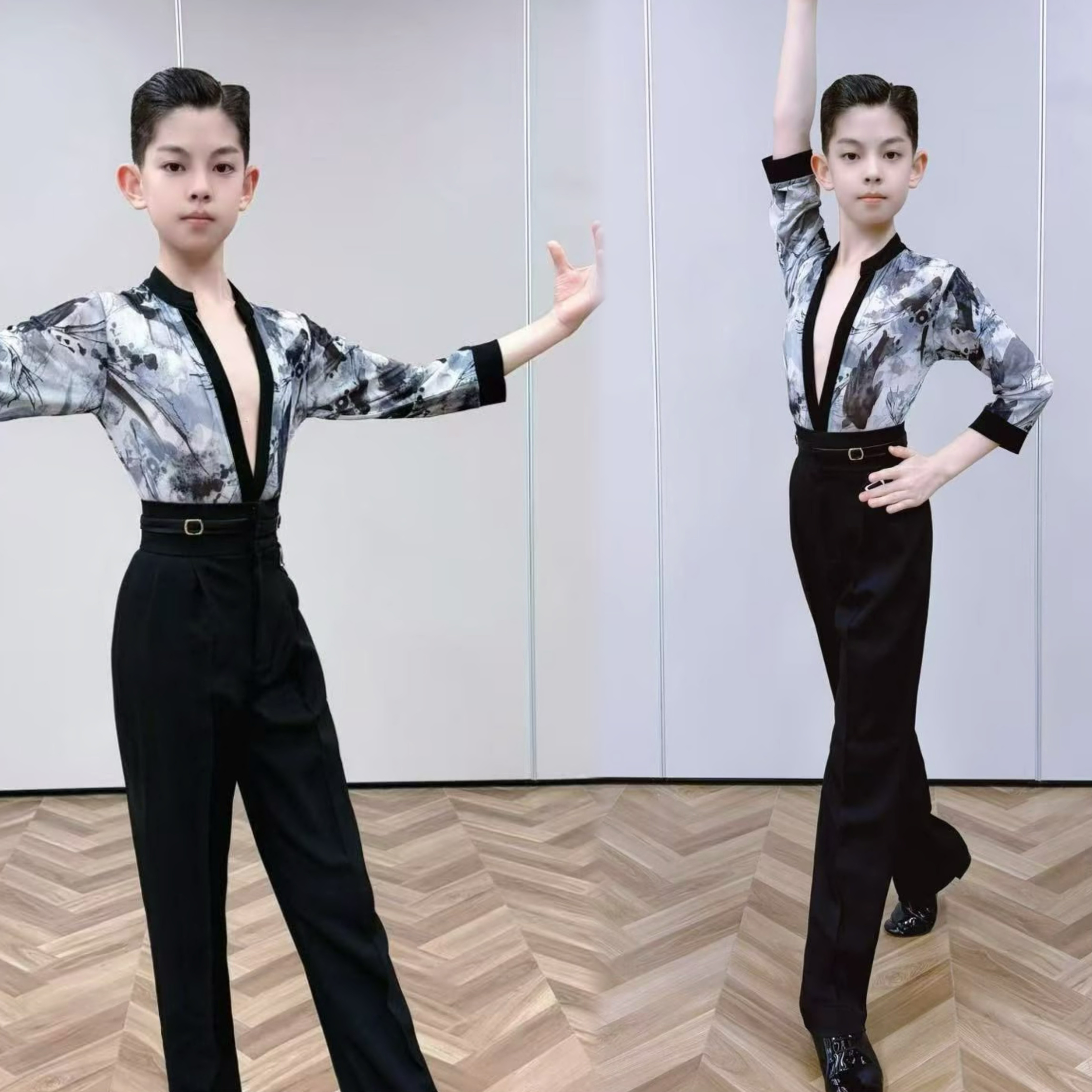 丹斯舞之美少儿拉丁舞男童水墨画v领量身定做男裤练习服跳舞花服