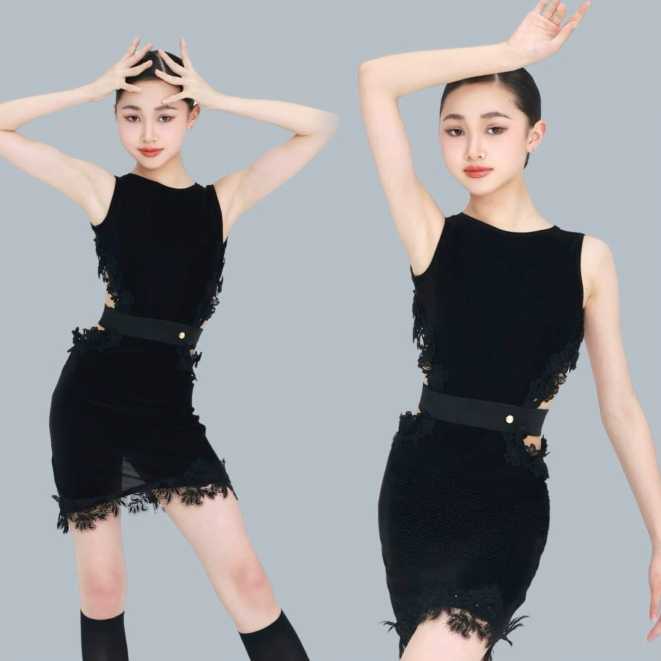 R design舞服少儿拉丁舞高级春夏束腰露背蕾丝睫毛套装包臀练习服