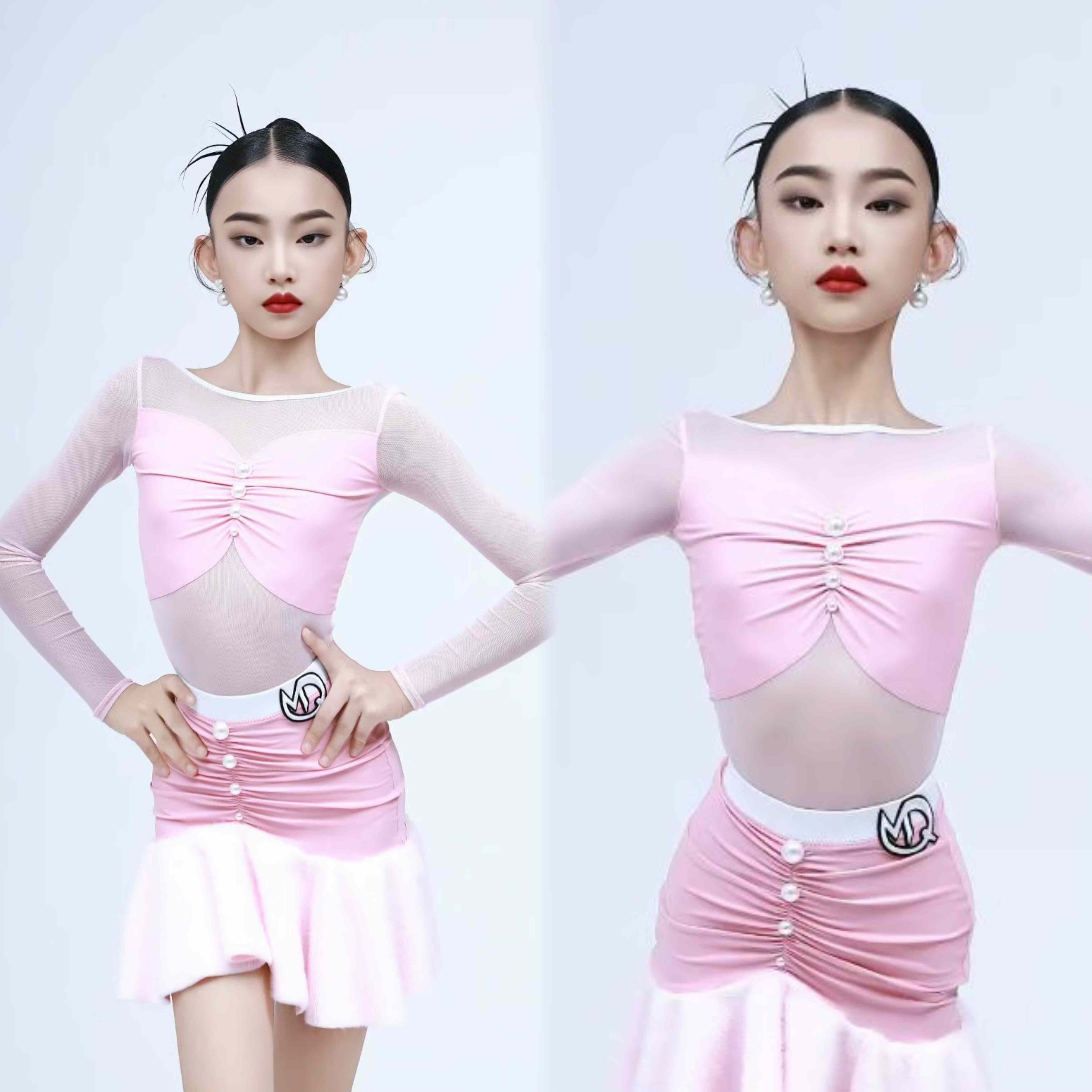 MQ舞服少儿拉丁舞服女童秋冬粉色网纱长袖上衣套装演出训练功服
