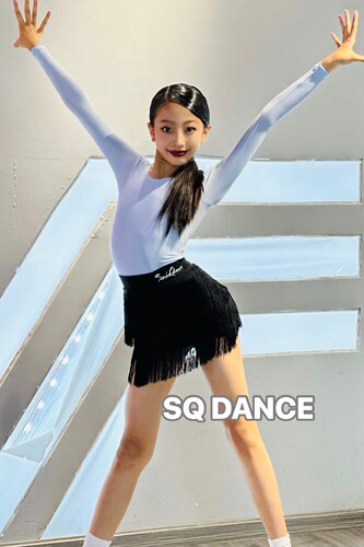 SQ舞服少儿拉丁舞蓝色流苏秋冬练习服恰恰伦露背扭结班服女童