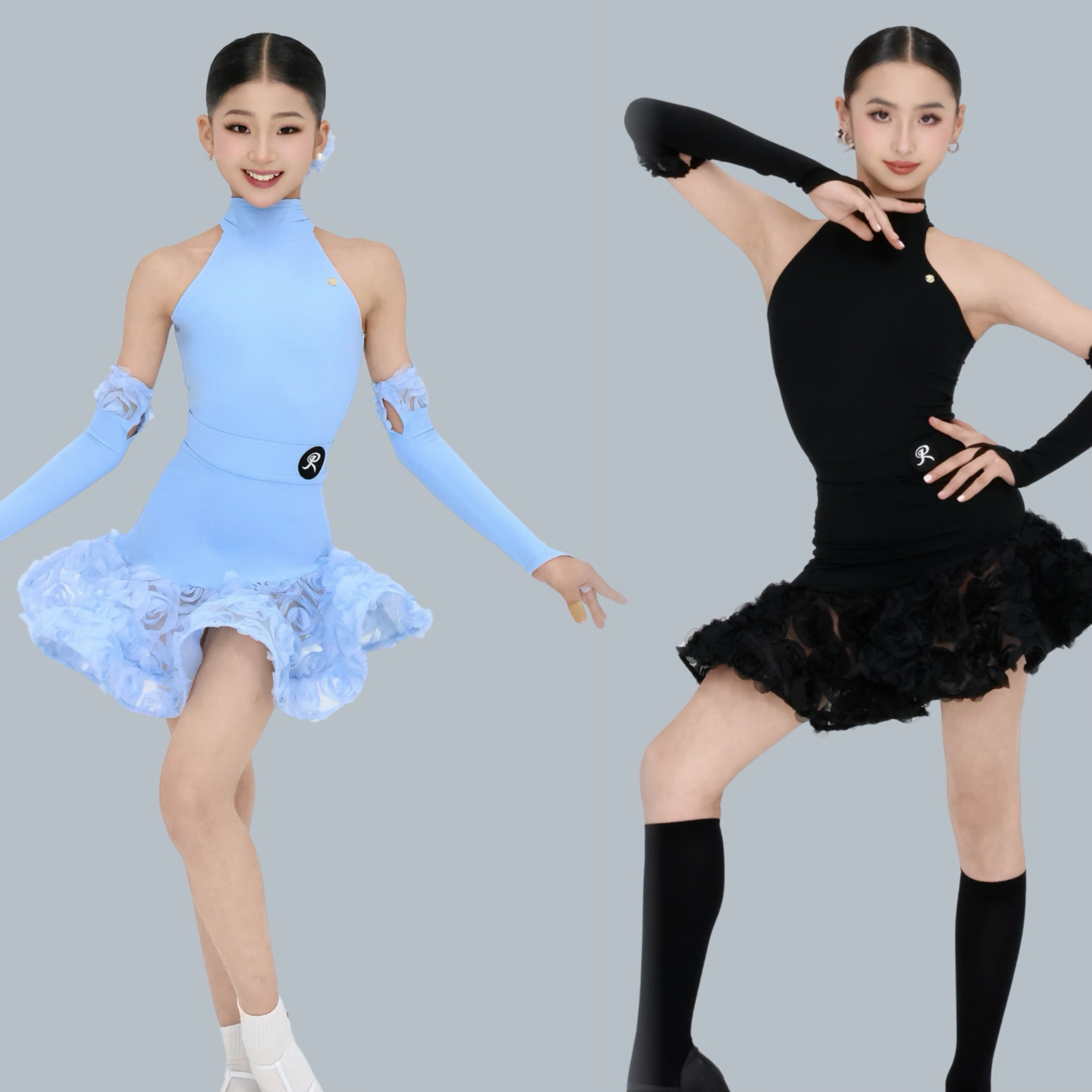 R design舞服少儿拉丁舞春夏浮雕玫瑰鱼骨袖套挂脖练习服女童蓝色