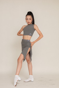 MQ苗子舞服少儿拉丁舞先春夏精英灰色分体无袖套装练习服女童集训