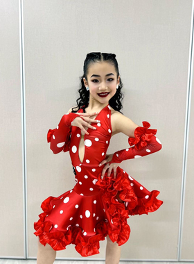 Mei.R舞服少儿拉丁舞波点手套红色夏季演出服班服表演俏皮花服