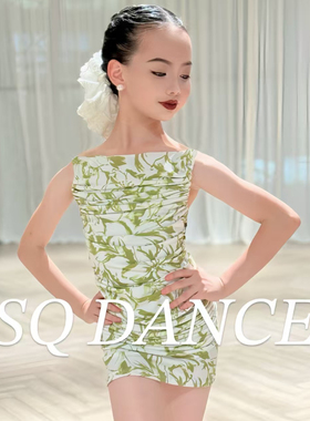 SQ舞服少儿拉丁舞春夏绿色花纹褶皱连衣裙露背跳舞练习服女童