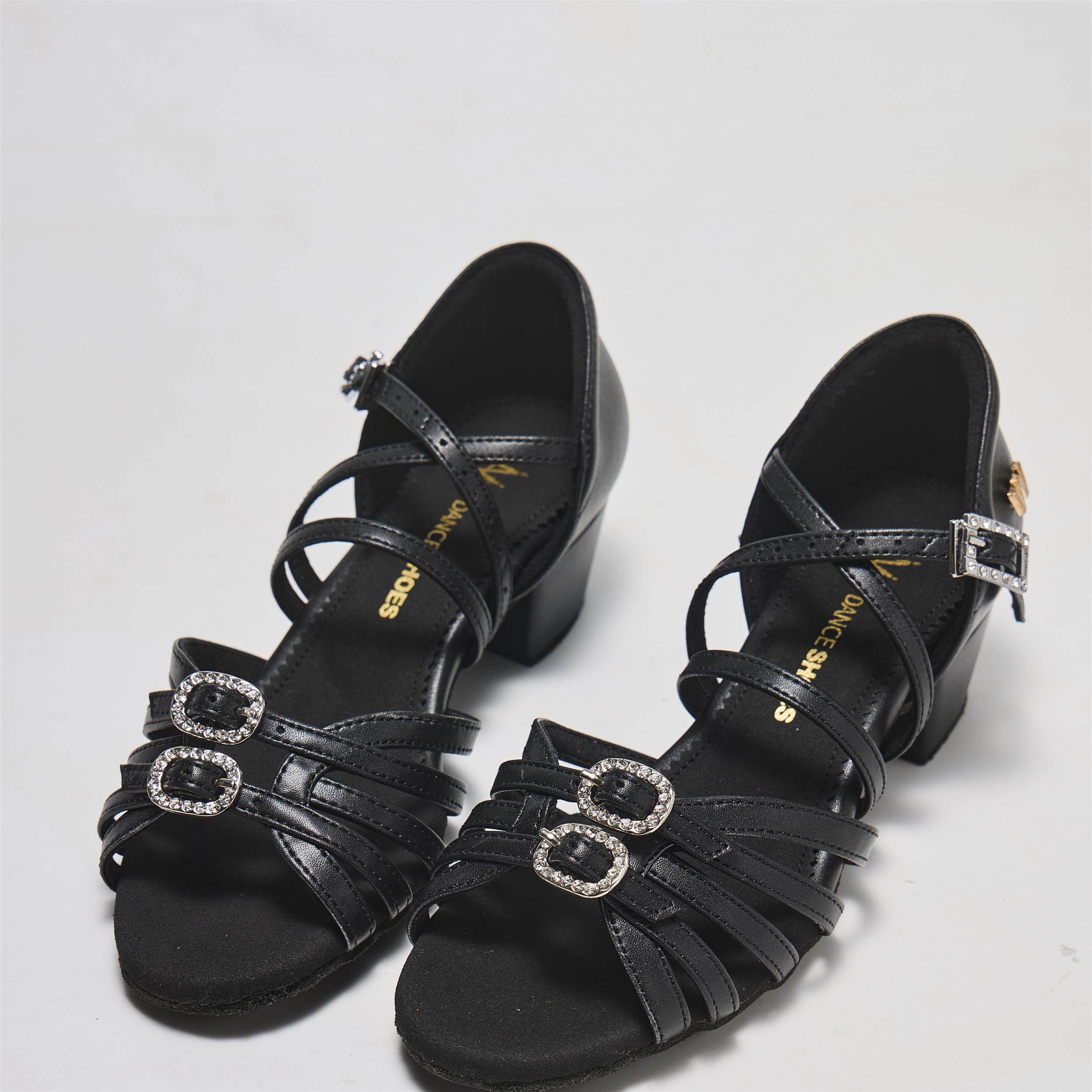 W DANCE SHOES 少儿拉丁舞女鞋GW02黑鞋国际双扣版软底舞蹈鞋