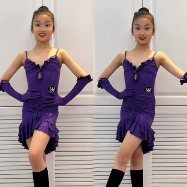 MZ舞服少儿拉丁舞皮裙紫色分体手套表演服练习服跳舞鱼尾半裙