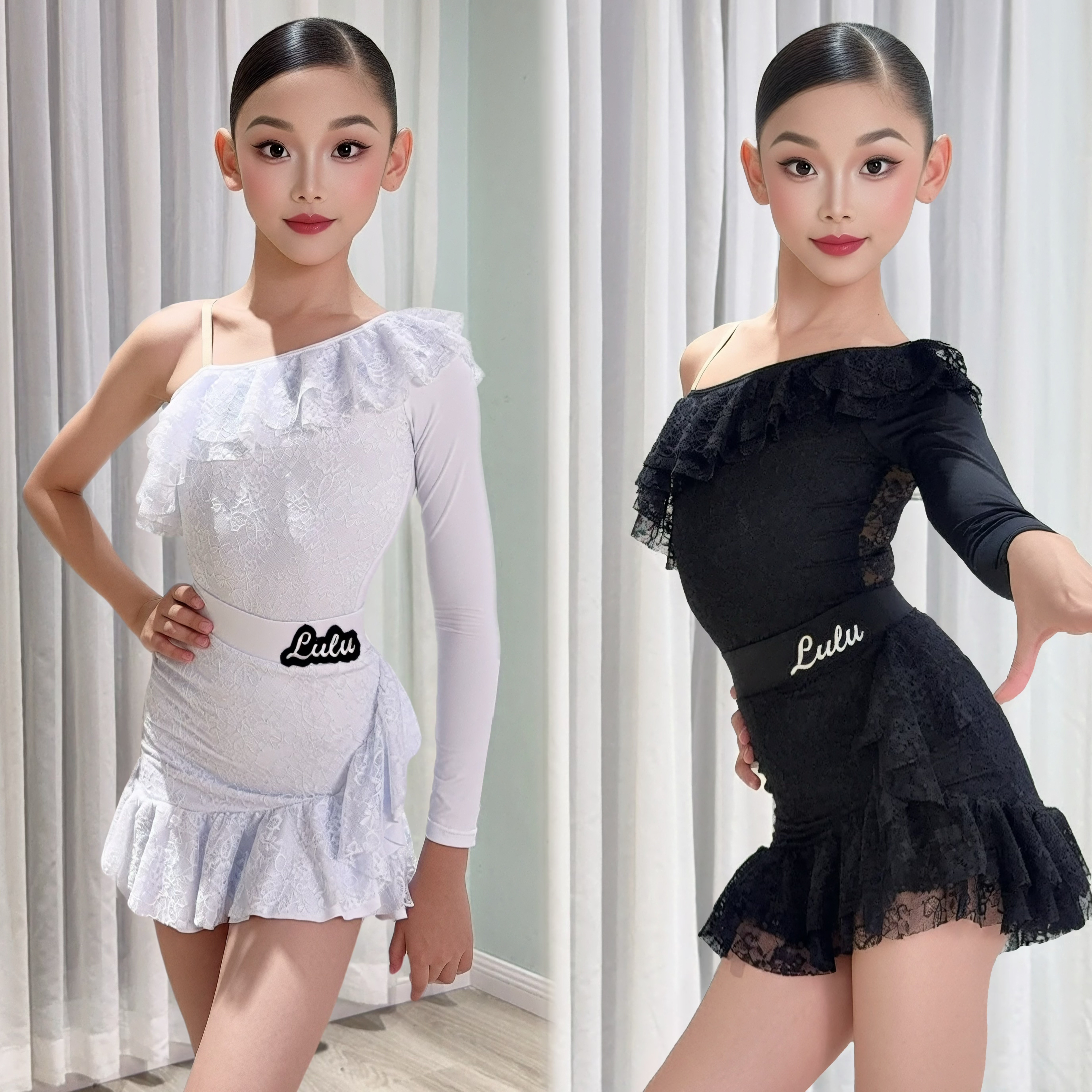 Lulu舞服少儿拉丁舞秋冬长袖斜肩蕾丝花边短裙练习服女童跳舞