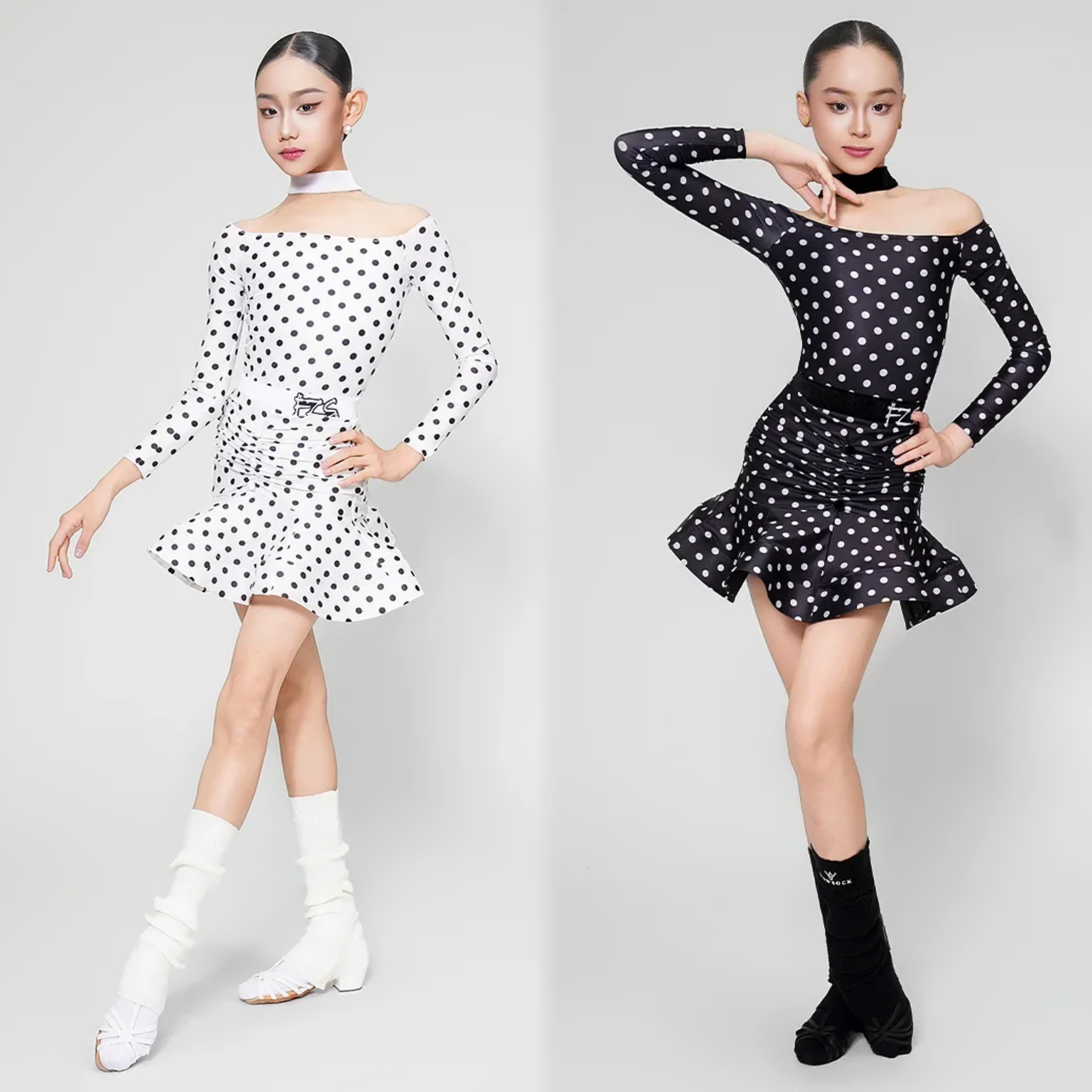 FZS舞服少儿拉丁舞秋季波点印花一字肩练功服套装女童跳舞鱼骨