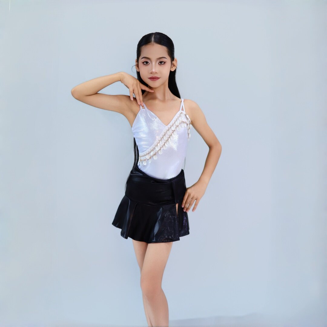 CD卡门黑白贝壳新款女童拉丁练功服专业舞蹈春夏新款连体透气舒适