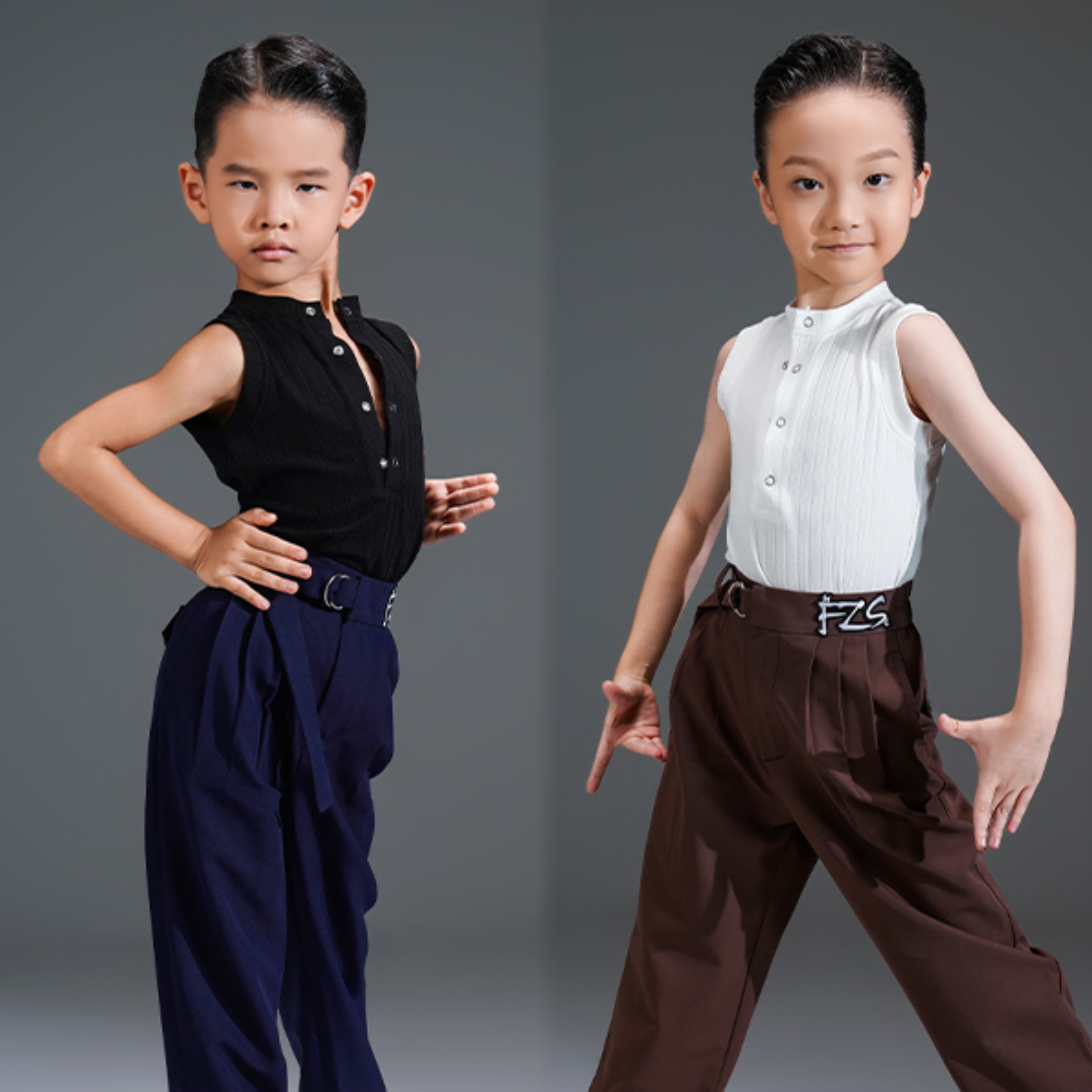 FZS舞服男童帅气男孩亨利领无袖纽扣上衣练习服跳舞百搭坎袖双色