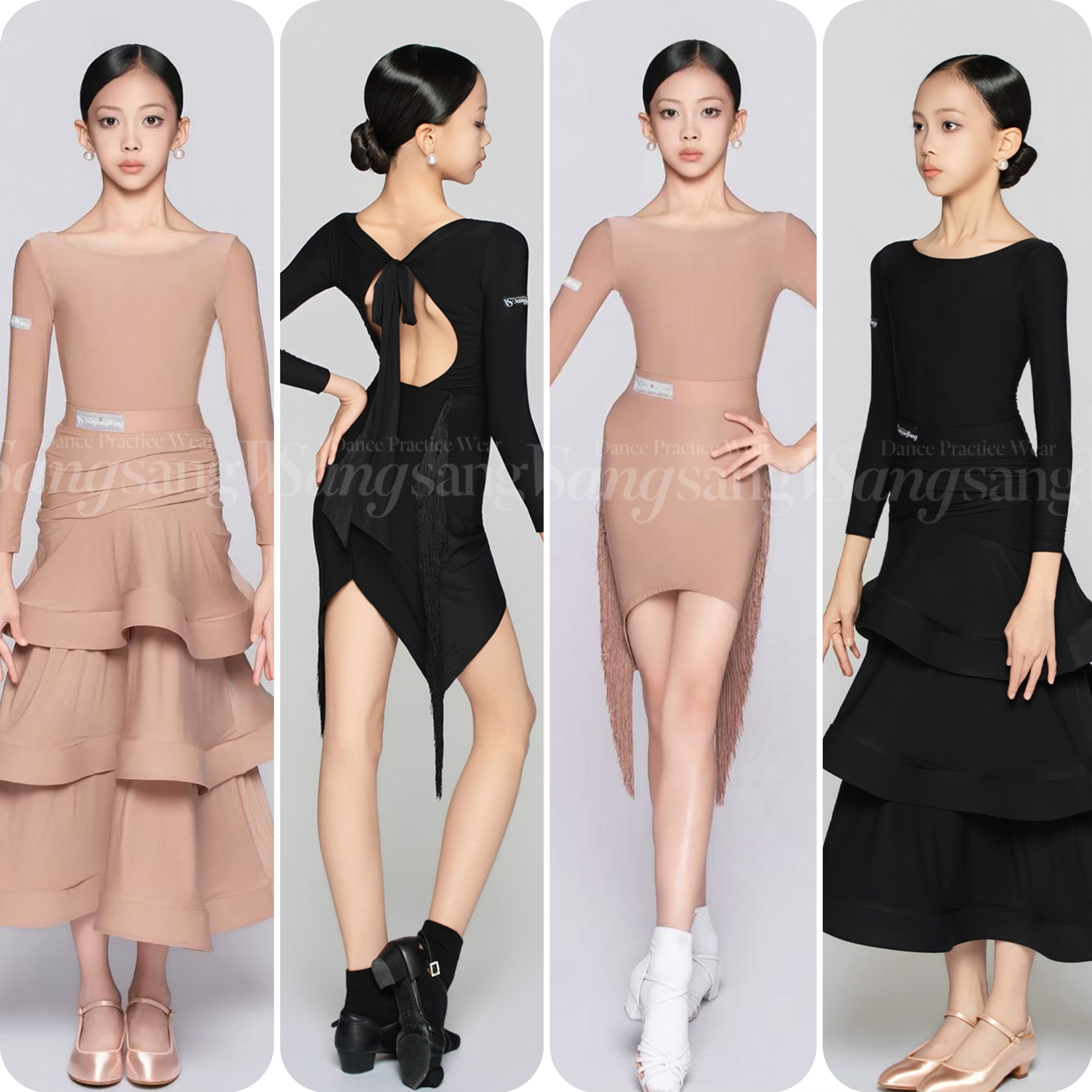 sswang舞服少儿拉丁舞裸感露背圆领超轻薄流苏摩登练习服女童长袖